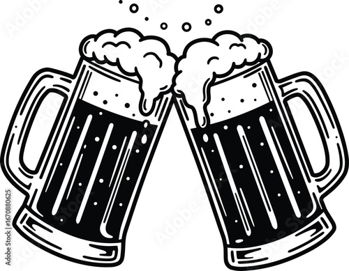 Beer mugs clinking, celebration toast, foam overflowing, festive drink, party cheers, black and white illustration, social gathering, vintage style, camaraderie moment, alcohol concept