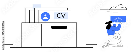 File cabinet holding CVs and user profiles alongside a woman coding, symbolizing recruitment and skills. Ideal for hiring, HR, talent acquisition, coding, data, organization, simple landing page