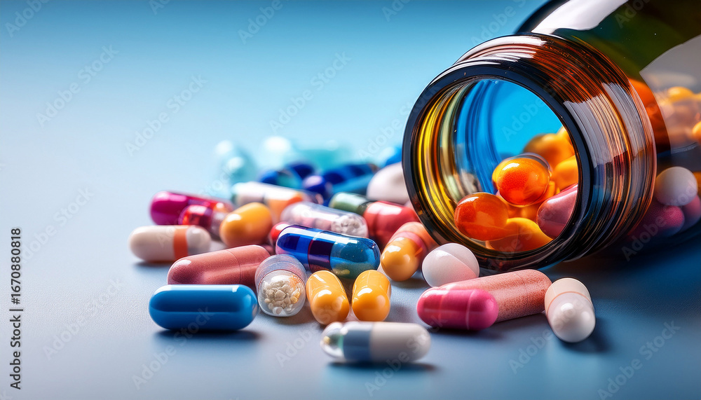 © Orion - colorful capsules and pills spilling from jar close up healthcare setting bright background creative perspective © Orion - colorful capsules and pills spilling from jar close up healthcare setting bright background creative perspective