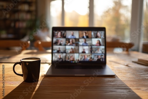 Laptop screen showing multiple people in a Zoom meeting with a coffee mug on the desk, blurred background creating a cozy home office and remote work concep