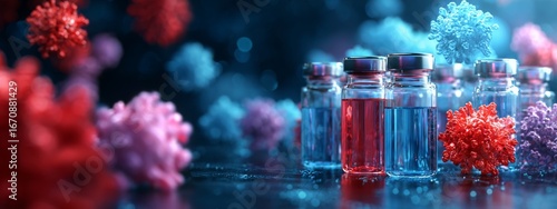 Acquired immunity vaccine, genetic pharmaceutical and immunization concept with glass vials