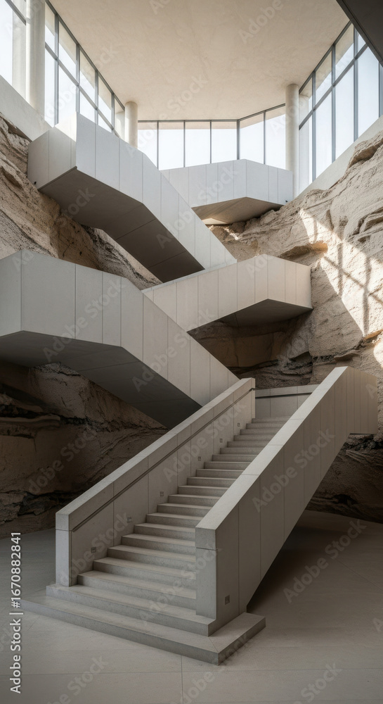 Obraz premium Modern White Concrete Staircase in Architectural Interior with Natural Stone Wall