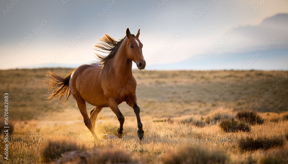 Obraz premium galloping brown horse running freely across open grassland