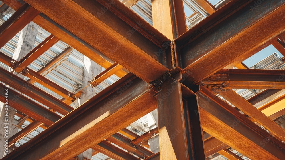 Obraz premium Industrial Steel Framework Under Construction with Exposed Beams and Roof Structure in Urban Development Setting