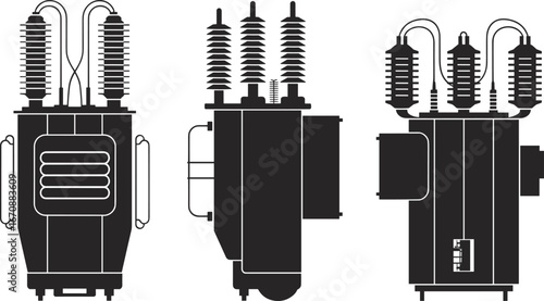 High voltage electrical transformer vector illustration, power distribution equipment silhouette, industrial energy supply design, black and white engineering drawing icon