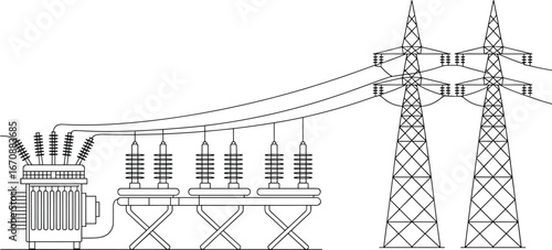 High voltage electricity transmission system vector illustration, transformer substation, power grid infrastructure, electrical energy distribution, black and white engineering drawing