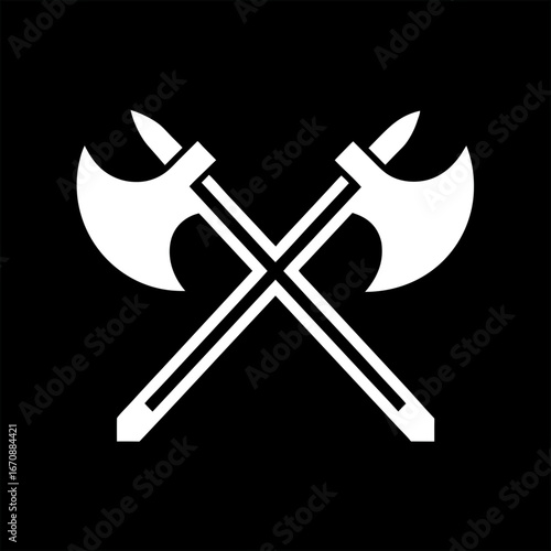 White silhouette of crossed medieval axes on black background  perfect for fantasy or combat design themes.
