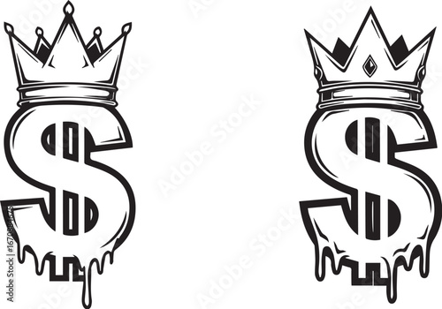 Minimalist black and white crowned dollar icon set – hand-drawn money symbols with royal flair and urban drip for wealth-themed design.
