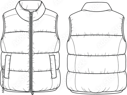 Puffer vest front and back technical flat sketch, sleeveless winter jacket with zipper and pockets, CAD drawing flat vector illustration