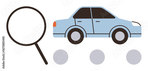 Magnifying glass examining a blue car near three gray dots symbolizing search, selection, and options. Ideal for car buying, auto inspection, decision-making, evaluation, research, choice
