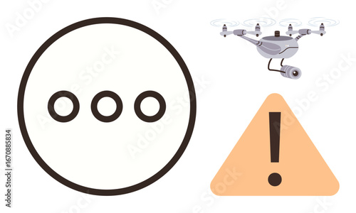 Drone equipped with camera hovering in one corner, orange warning triangle with exclamation mark, ellipsis icon. Ideal for technology, surveillance, danger, caution, communication, security