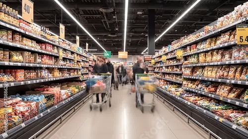 Motion Blurred Shoppers in a Supermarket Aisle with Shelves of Snacks and Groceries
