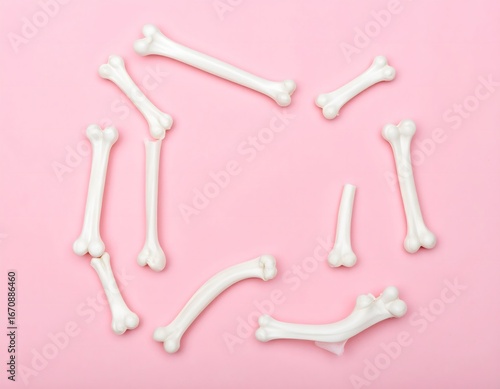 Top-down flat lay of sweet bone-shaped candies forming a whimsical frame with copy space on a vibrant pink background for festive concepts