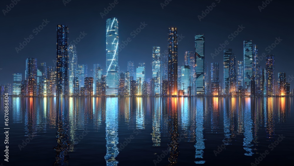 Obraz premium Futuristic city skyline at night, reflected in water (3)
