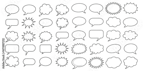 hand drawn comic book speech bubbles and thought bubbles,  Comic book speech bubbles and sound effects doodle style, Hand drawn set of comic book