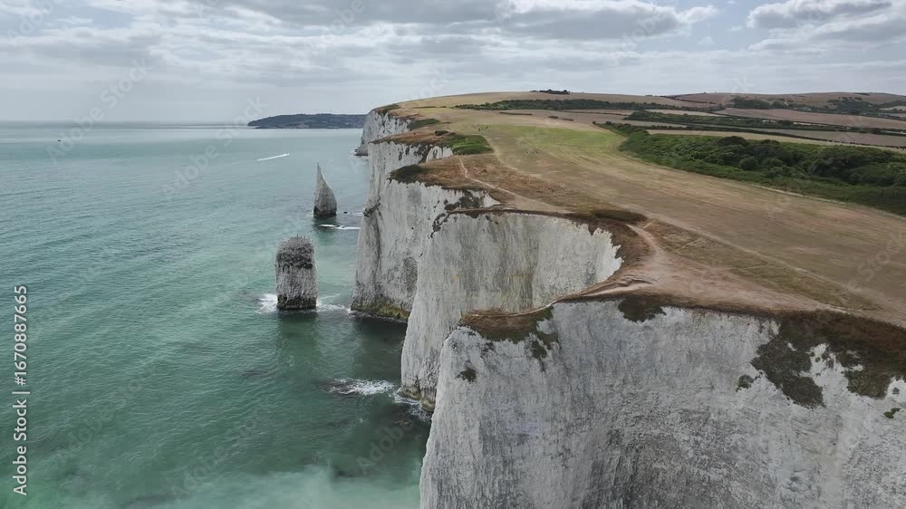 White Cliffs of Old Harry Rocks Jurassic Coast from a drone, Handfast ...