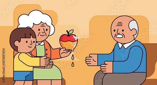 A grandmother and grandson present a glistening apple to an elderly man, symbolizing sharing and generosity within a family.