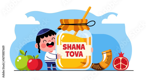 A happy child embraces a large jar of honey, celebrating Rosh Hashanah.
