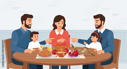 A joyful family celebrating the Jewish holiday Rosh Hashanah at a dinner table with traditional food.