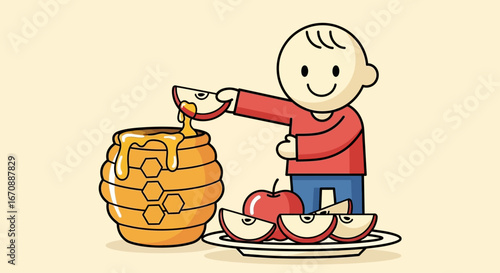 A smiling cartoon boy dips a slice of red apple into a traditional beehive honey pot, a classic sweet treat.