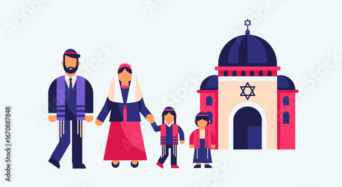 A Jewish family of four, including parents and two children, stands together holding hands in front of a synagogue.