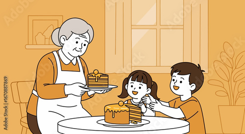 Grandmother serves cake to two smiling grandchildren at a table in a cozy kitchen.