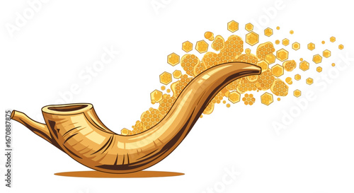An illustration of a golden, curved horn emitting a vibrant burst of sparkling golden particles on a white background.