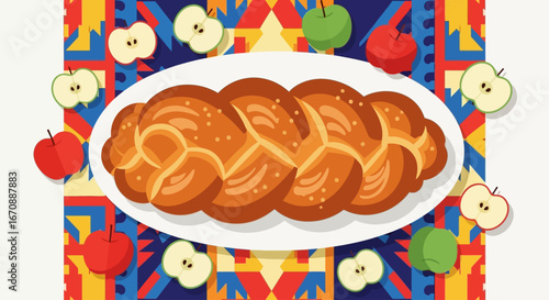 A braided loaf of challah bread on a white plate surrounded by apple slices and a colorful textile.