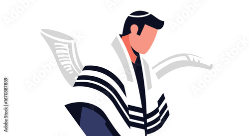 Stylized illustration of a Jewish man wearing a tallit and kippah, flanked by two ceremonial shofars.