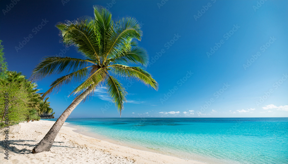 Obraz premium a beach scene featuring tall palm tree against a backdrop of crystal blue water the sandy shore and the bright sun relax in the tropical paradise travelling concept generative ai