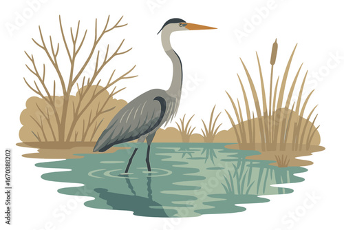 The heron, a royal and beautiful bird, inhabits a serene blue lake filled with fish, surrounded by the wonders of autumn and the natural world of ponds