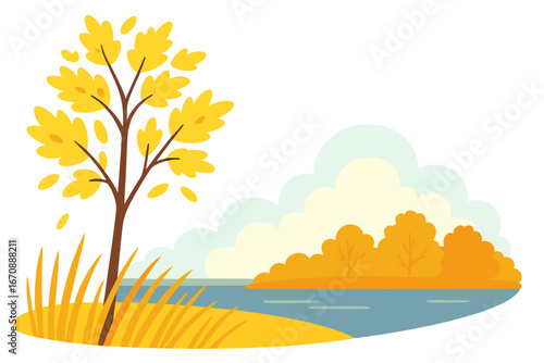 A picturesque autumn landscape features a serene lake with a shore lined with dried and yellowed grass, its beauty reflected in the water