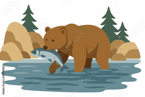 A bear is catching fish in a river with a forest in the background