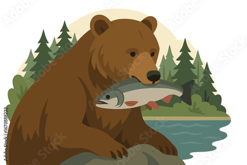 Nature wildlife photography featuring a grizzly bear catching salmon in an autumn river with a forest background