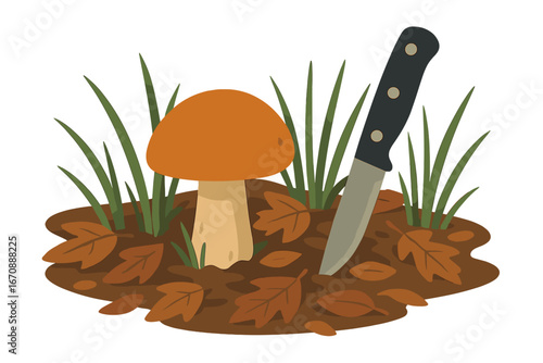 A folding hunting knife is lodged in the soil beside a white mushroom growing in the grass