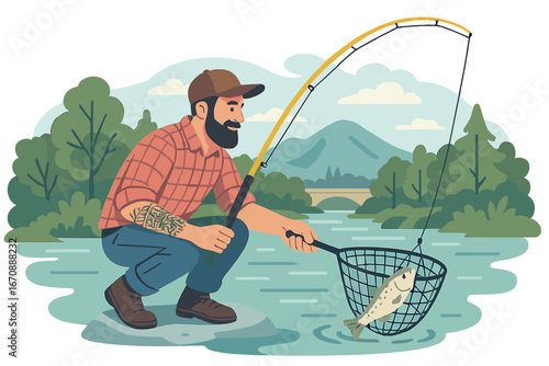 A mature bearded man is enjoying a relaxing summer day of fly fishing on a lake, successfully catching a big fish using a rod with spoon-bait, indulging in his hobby of big game fishing surrounded by