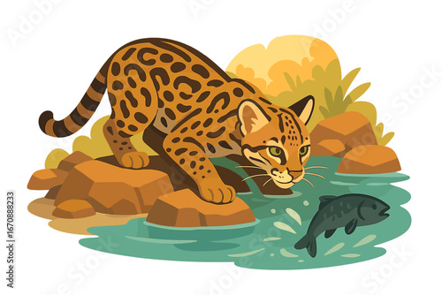 In a shallow stream, a small wildcat gazes intently at a fish
