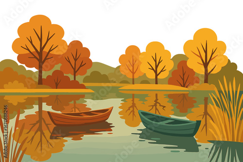 A serene autumn landscape unfolds with fishermen drifting in rowing boats on the lake, surrounded by trees adorned with vibrant yellow and red leaves