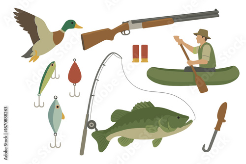 A set for fishermen and hunters featuring a rifle and duck, spinning and fish, with a man in a rubber boat, isolated on a white background