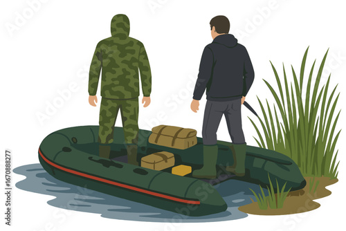 Two elderly European fishermen with an inflatable motor boat are on the water near a sandy, grassy shore on a summer day, preparing for a river trip