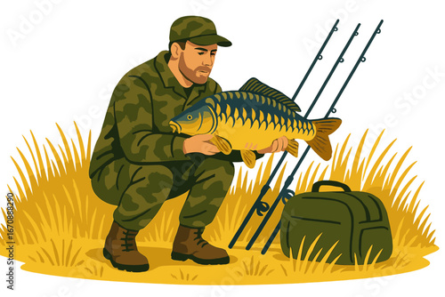 A fisherman is shown with a large carp, a type of freshwater mirror carp often targeted in carp fishing adventures