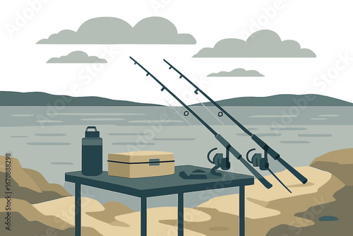 An enthusiastic angler's favorite fishing location, with fishing gear on a pier set against the picturesque backdrop of Lake Balaton, under a vibrant cloudy sky, forming a breathtaking autumn