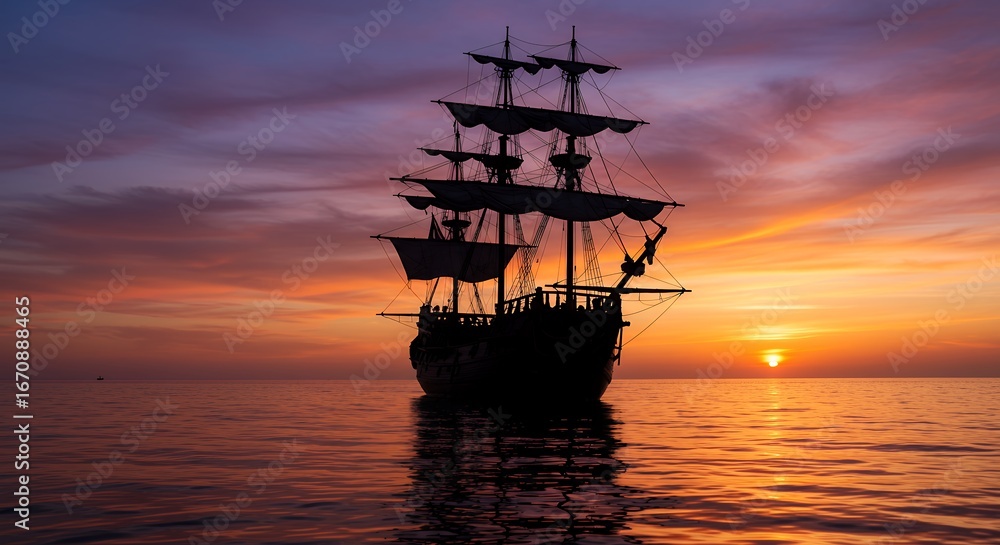 Fototapeta premium Sunset silhouette of a vintage sailing ship at sea