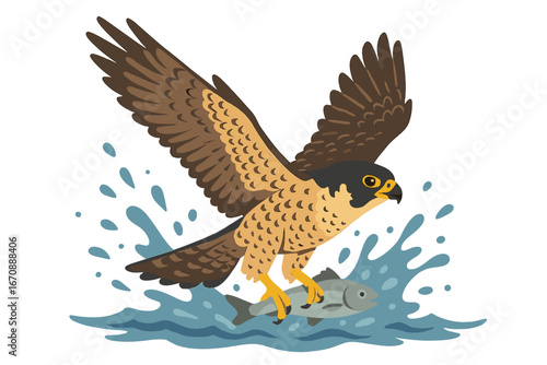 A majestic falcon plunges into the radiant waters of a lake, seizing a fish surrounded by the kaleidoscope of autumn colors