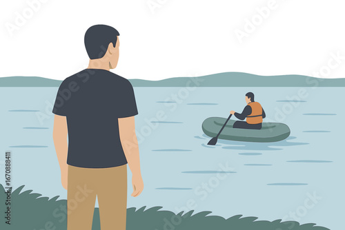 A fisherman pushes the inflatable awning boat away from the shore into the water for a recreational fishing trip on a river in Russia on an autumn day