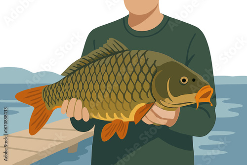 The angler is holding a trophy carp, with a close-up view of the fish's head