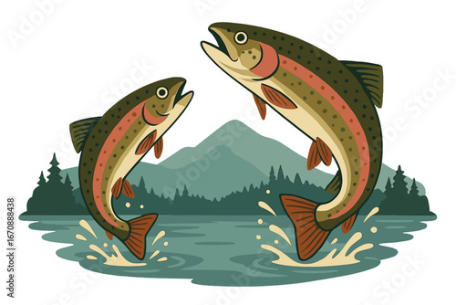 Freshwater trout leap from the water amidst a picturesque natural backdrop, highlighting the beauty of the outdoors and the appeal of fishing for healthy and delicious food