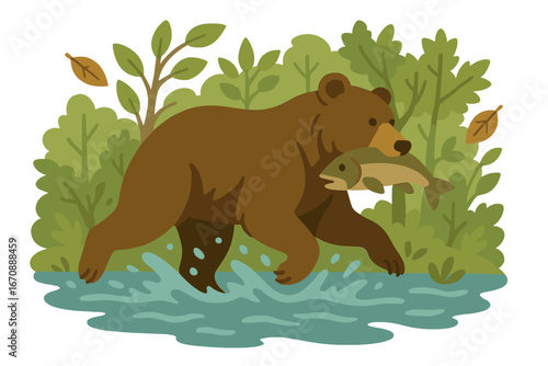 A vibrant grizzly bear, rendered in high detail, seizes a fish in a river set against a kaleidoscope of autumn leaves, emerging from the water to firmly grasp its catch with formidable claws