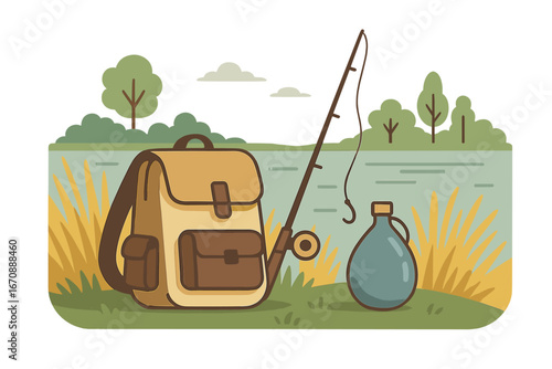 A serene riverside setting featuring fishing equipment and an adjacent game trail flanked by tall reeds