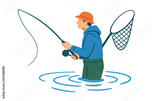 A fisherman is fishing by the river during the day with a tackle bag and a net